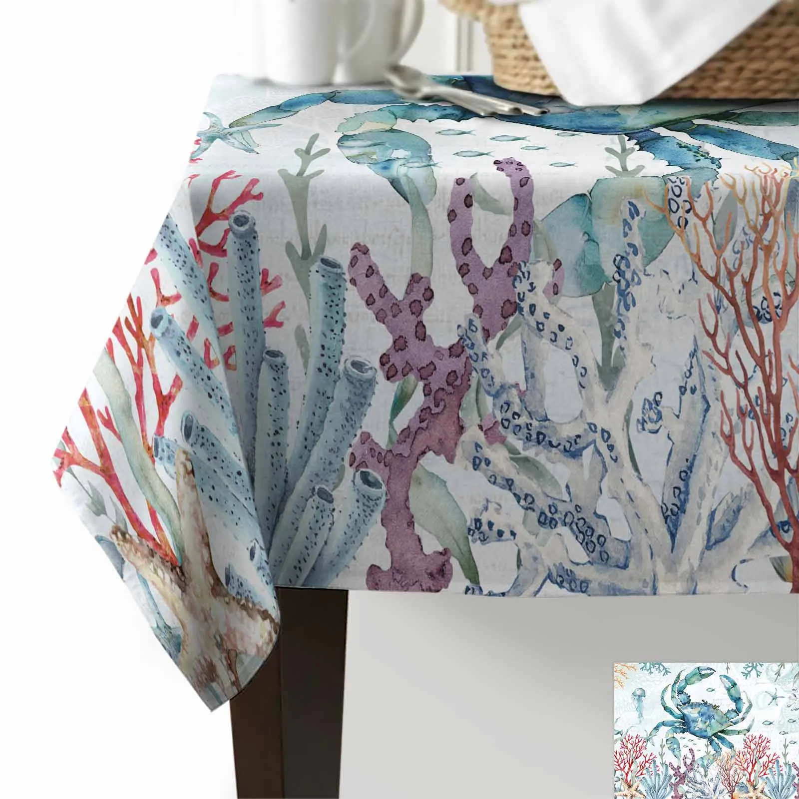 Summer Ocean Coral Blue Crab Starfish Jellyfish Table Cloth Washable Tablecloth for Wedding Banquet Decor Luxuriou Table Cover