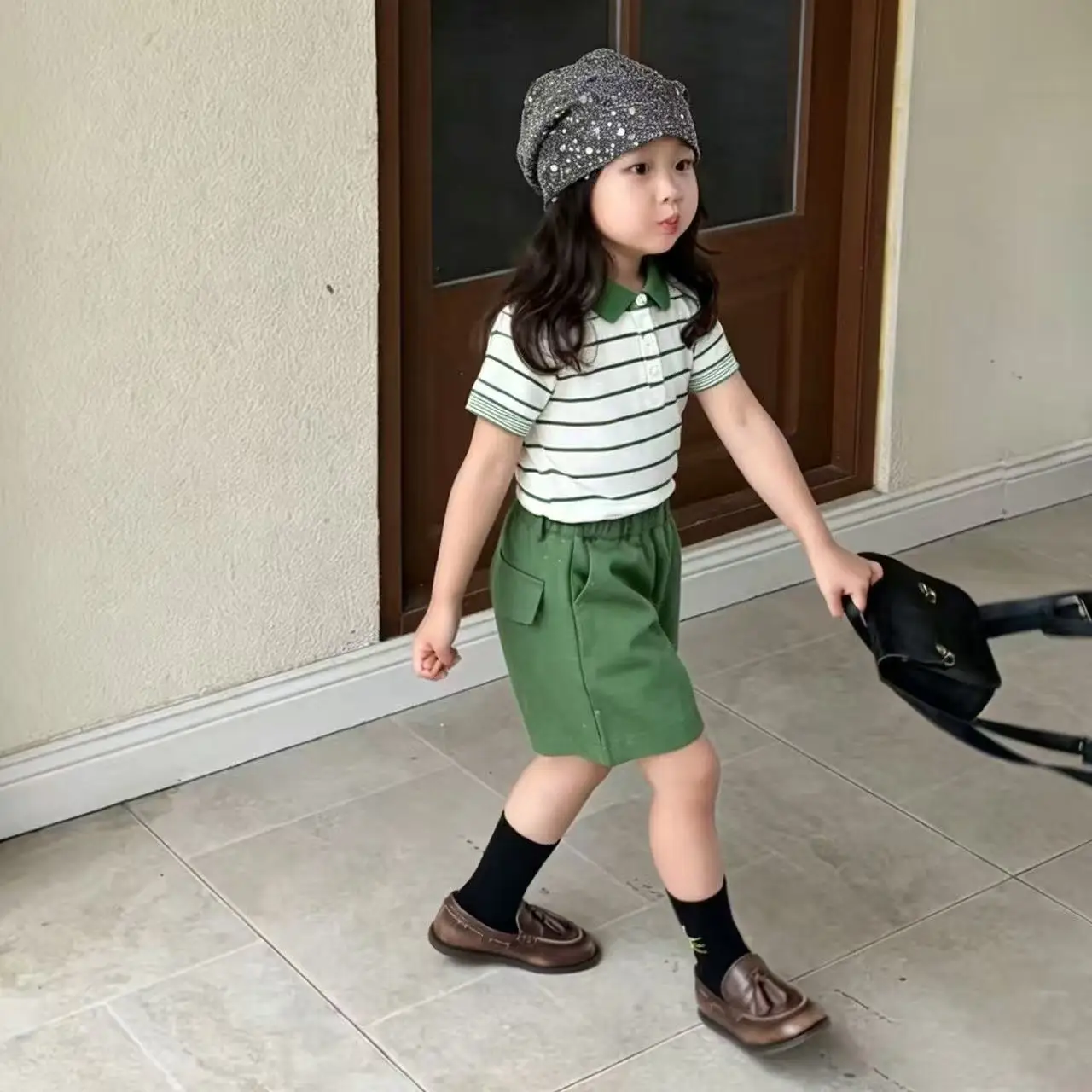 Boys' Set 2026 Summer New Children's Striped Polo Neck Short Sleeve Knitted Shirt+Green Shorts 2-piece Set