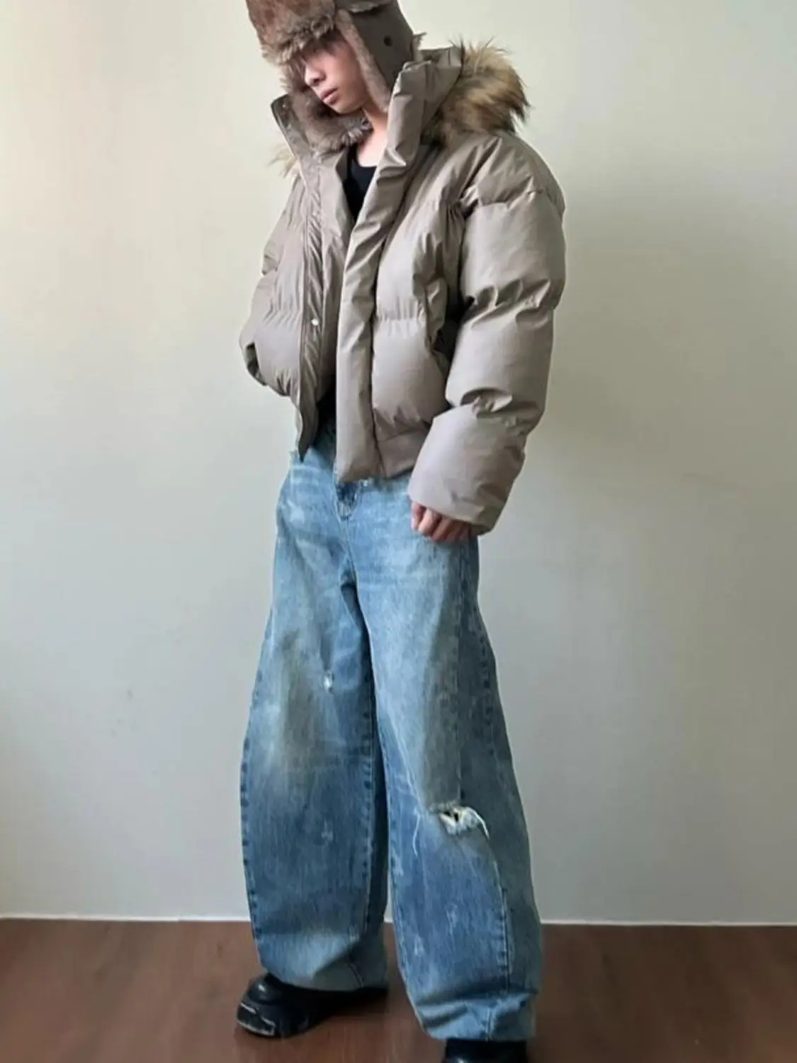 Abrigos cortos americanos de cuero PU para hombre, chaquetas con capucha con cuello de piel holgado de invierno, prendas de vestir exteriores cálidas y gruesas, ropa de calle gótica Punk