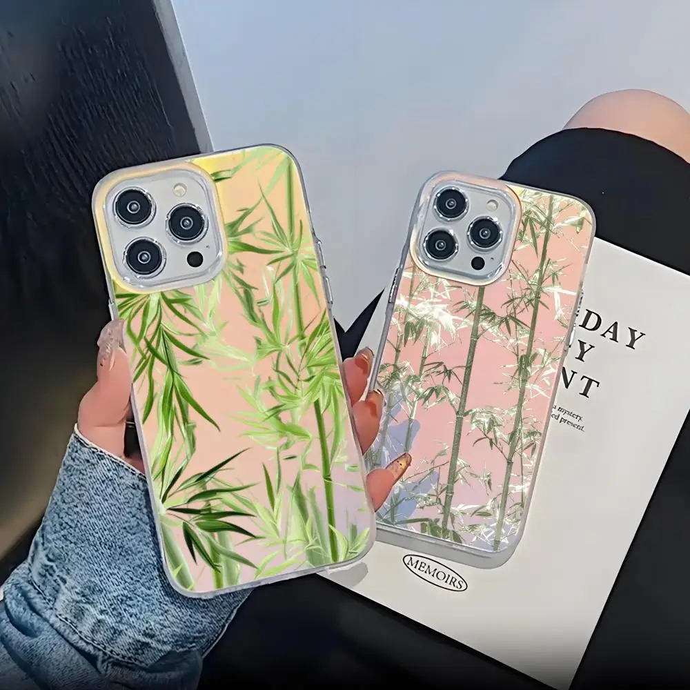 

Cute Bamboo Feather Yarn Green Colorful Phone Case For iphone 16 15 14 Pro Max 13 12 11 With Pendant Cover HYBXAXCAnti-drop