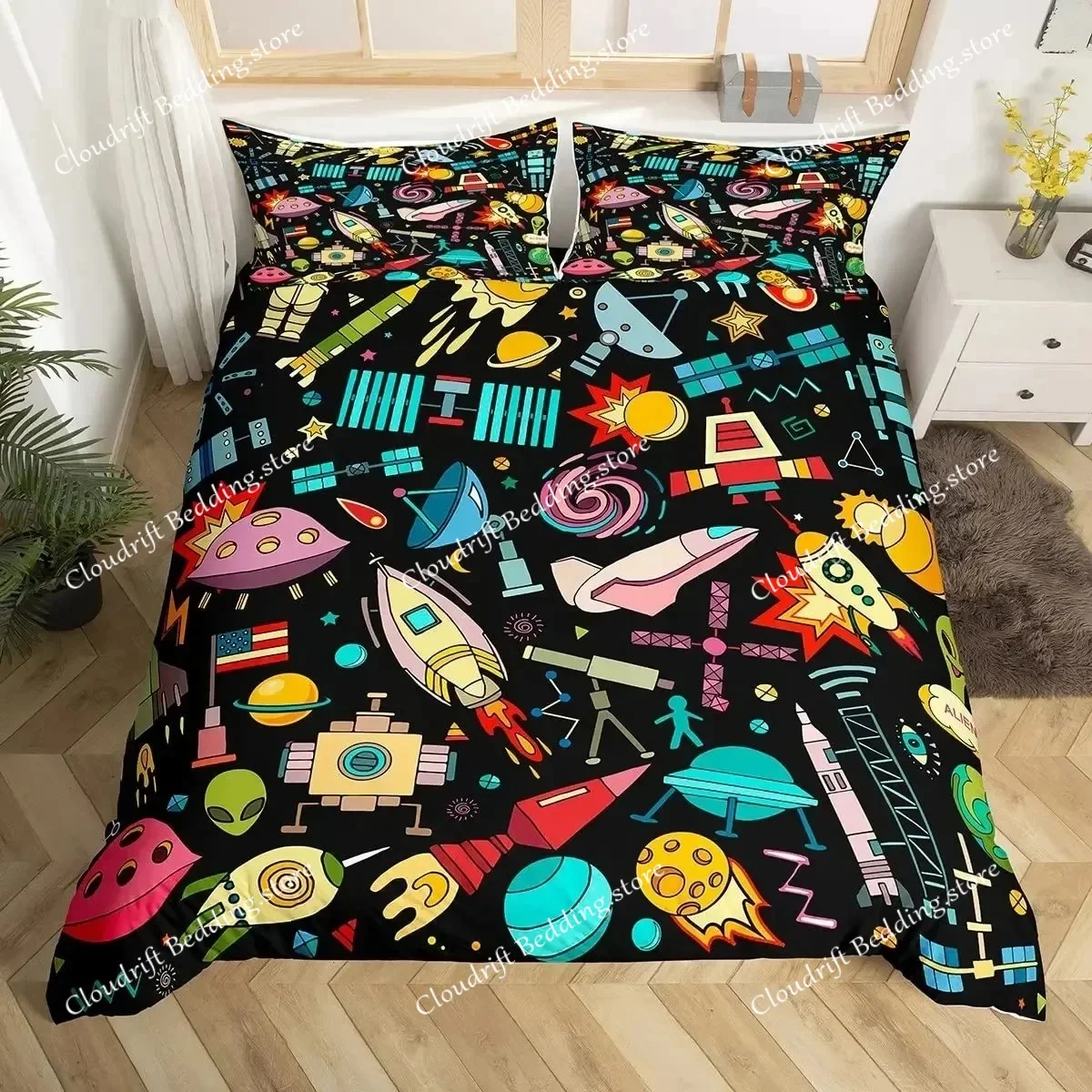 3D Print Robot Rocket Duvet Cover King Queen Size,Kids Boys Spaceship Bedding Set Starry Galaxy Universe Planet 3Pcs Quilt Cover