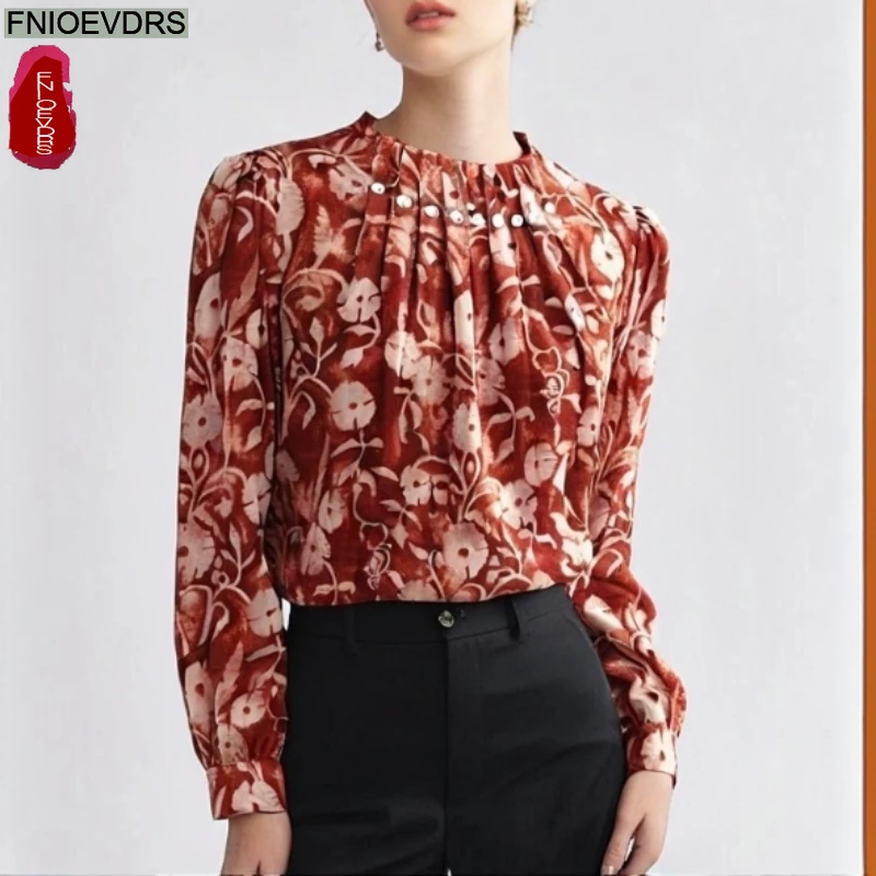 

Воротник-стойка, блестящие топы с бисером, блузки, новогодние модные женские рубашки с длинным рукавом и цветочным принтом, винтажный топ в стиле ретро, базовые рубашки