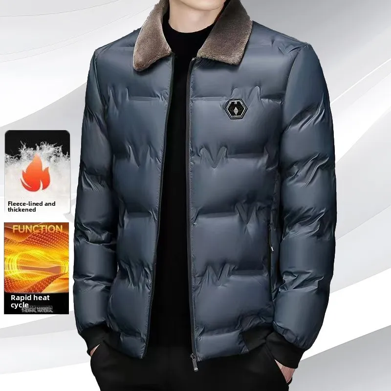 

New down cotton-padded winter clothes thickened hair lapel middle-aged warm cotton-padded jacket casual jacket mens jacket