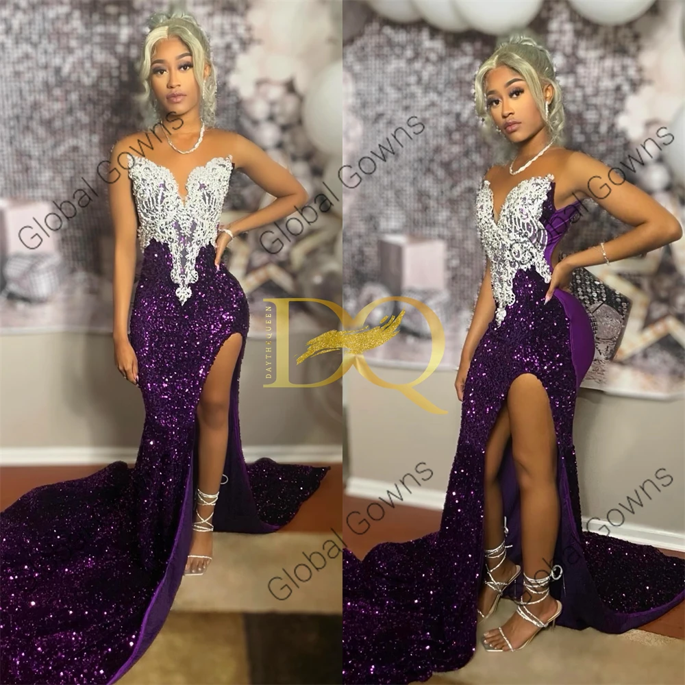 Purple Sheer O Neck Long Prom Dresses For Black Girls Appliques Birthday Dress Gowns Sequined High Slit Homecoming Robe De Bal