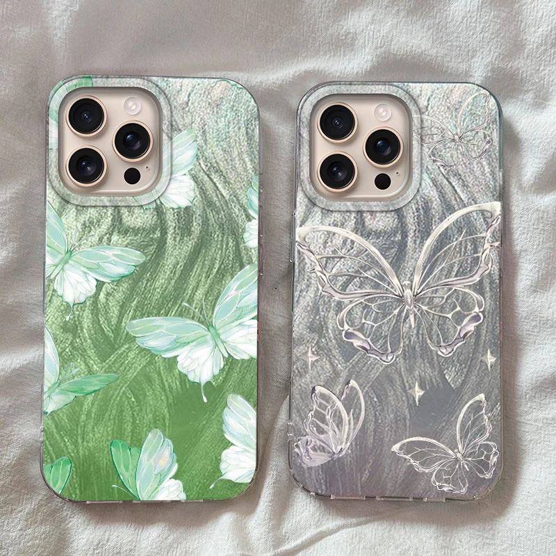 Für iPhone 16 15 14 13 12 Pro Max Plus 16E 7 8 SE 2020 2022 X XS XR Handyhülle Luxus Laser Silber Big Butterfly Muster Cover