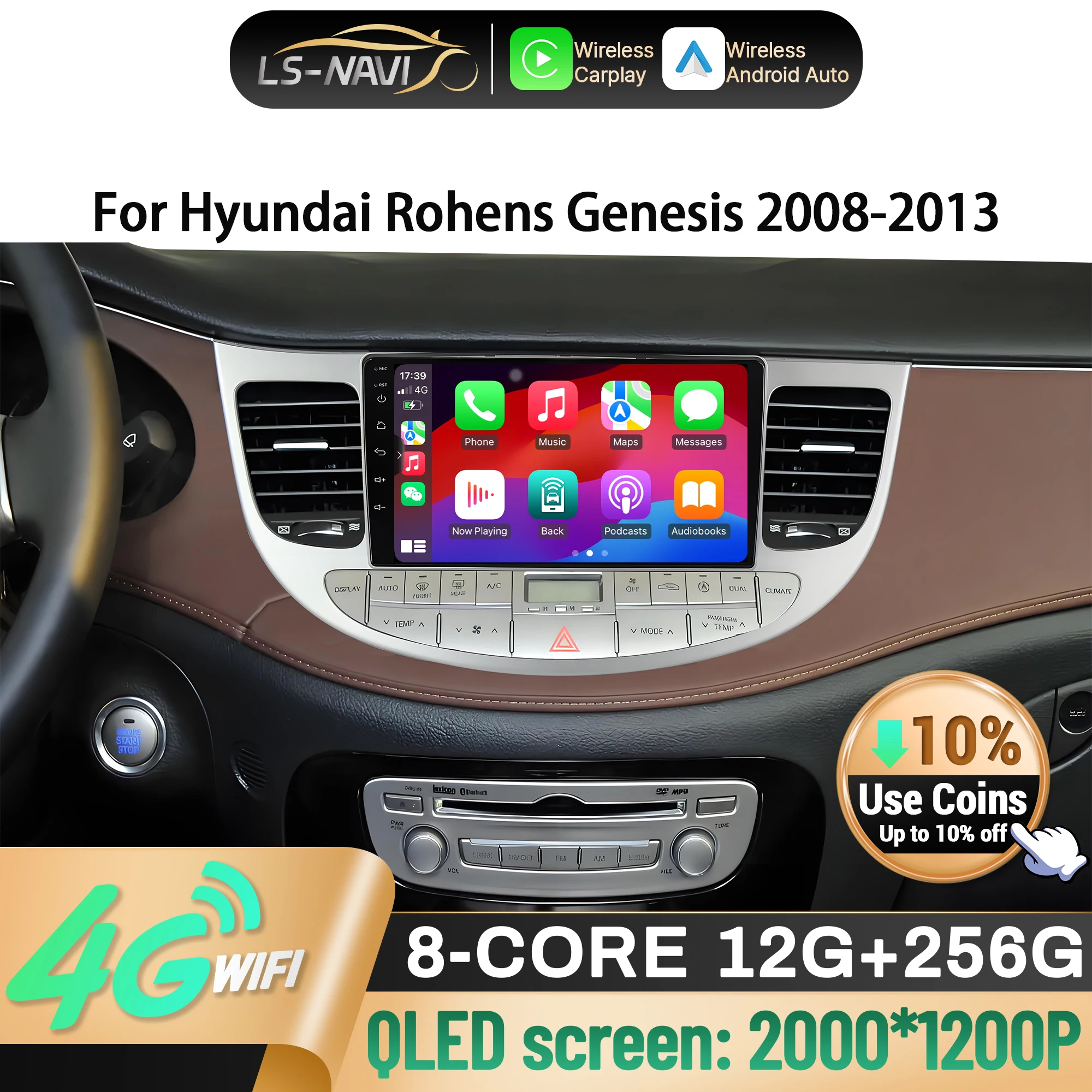 

Автомобильное радио Android 14, для Hyundai Rohens Genesis 2008-2013, беспроводной Carplay, мультимедийная навигация, сенсорный головной блок, экран, стерео