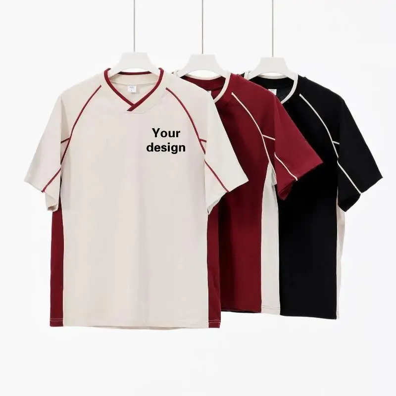 American Retro 260g Contrasting Lines V-neck Short Sleeved T-shirt Men's Trendy Brand Loose T-shirt With Personalized Print Logo