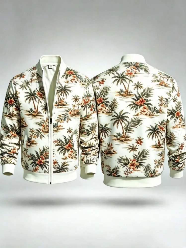 Men Slim Stand Collar Zip Bomber Jacket With Pockets Hawaiian Palm Tree Floral Print Vacation Casual Coat