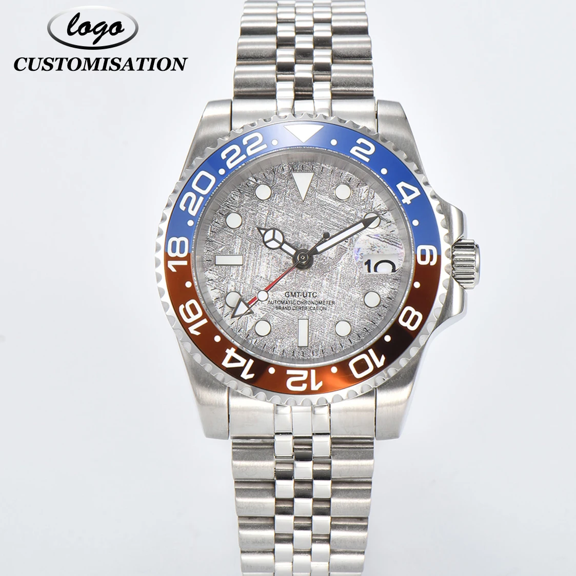 

Custom Logo men's mechanical automatic meteorite dial GMT watches NH34 movement sapphire glass stainless steel