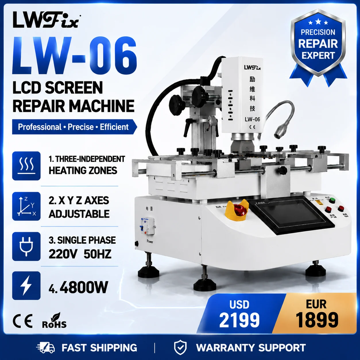 LWFix LW-06 BGA Rework Station 4800W PCB Repair Machine with 3 Independent Heating Zones XYZ Axis Adjustable SMT Soldering Equipment for LCD Screen IC Chip Repair