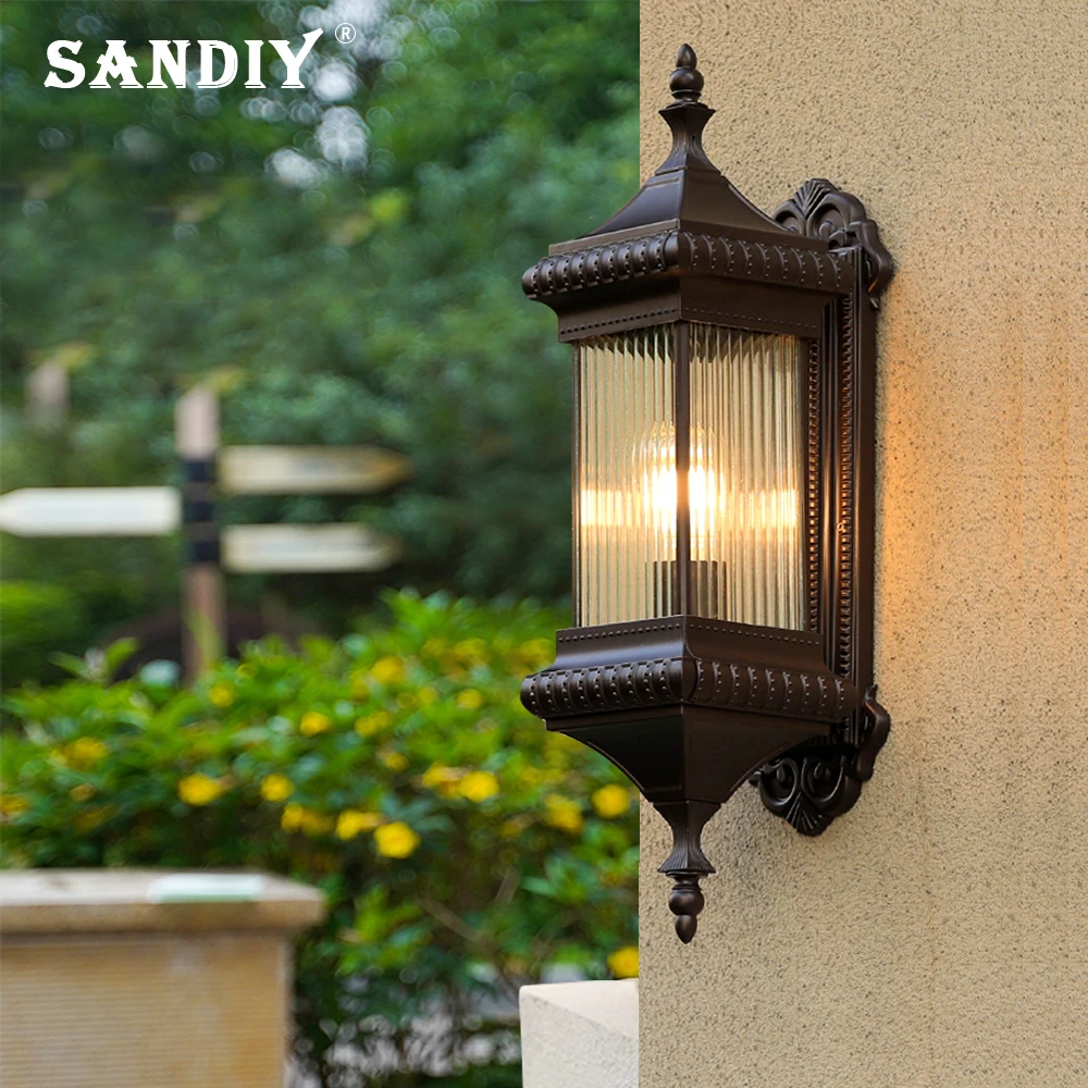 SANDIY Vintage Outdoor Wall Light Retro Porch Lamp Europe Villa Sconce Waterproof Exterior Garden Yard Luminaire Coffee E26/E27