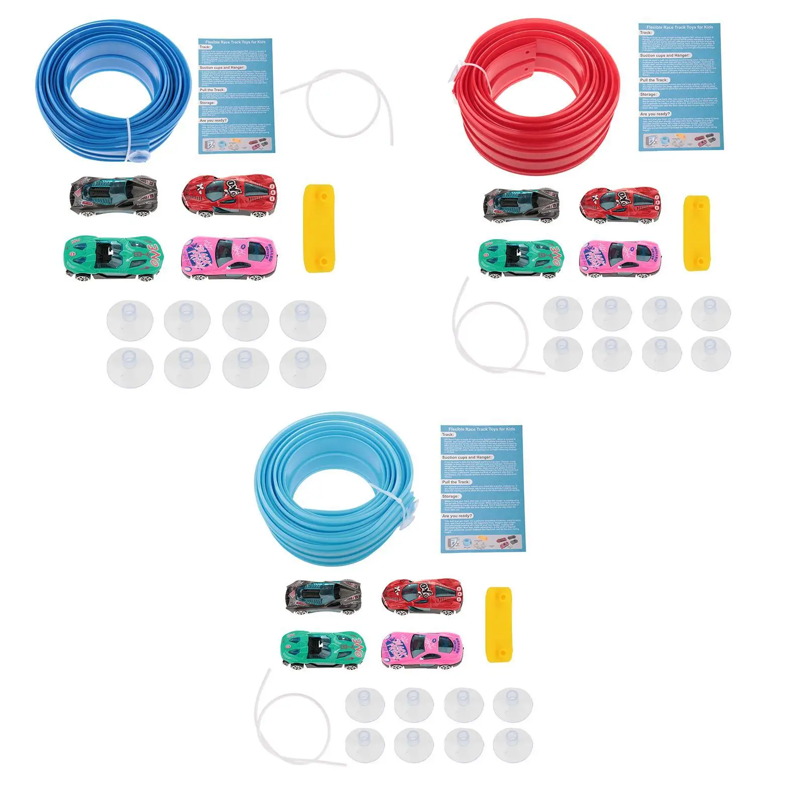 Elastyczna torowa 4,5 m z 4 mini modelami samochodów ze stopu aluminium, uniwersalna z przyssawkami.