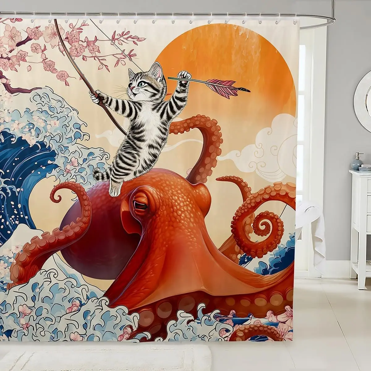 

Japanese Style Shower Curtain Fun Cat Octopus Bathroom Curtain for Kids Children, Sea Ocean Wave Bath Curtain Kitten Squid