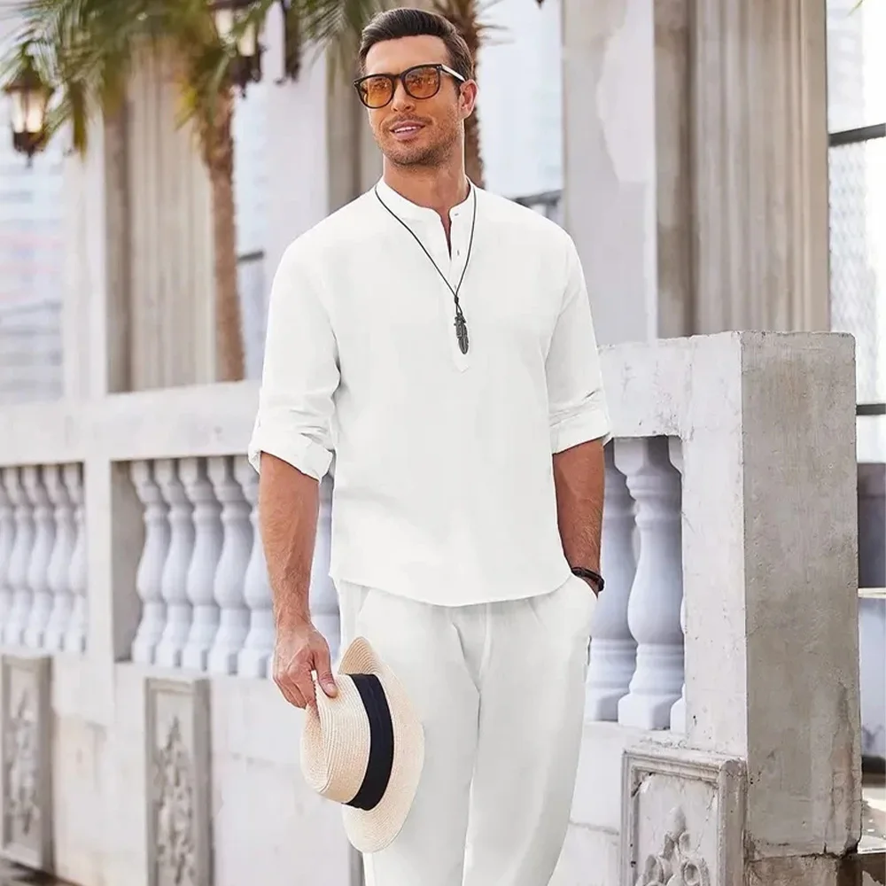 Camicia da uomo in cotone e lino da uomo Set da due pezzi Camicie casual a maniche lunghe con colletto Henley Pantaloni da spiaggia per le vacanze