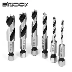 6pcs HSS SAE Brad Three Point Stubby Drill Bit Set for Wood With 1/4-Inch Quick Change Hex Shank 3/32 1/8 3/16 1/4 5/16 3/8