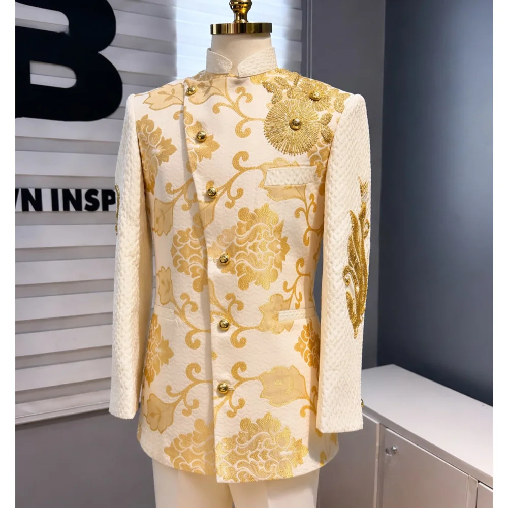 

Men's Gold Beaded Suit Set 2 Pieces Formal Party Wear Premium Double Breasted Tuxedo For Men Elegant Slim Fit Suits