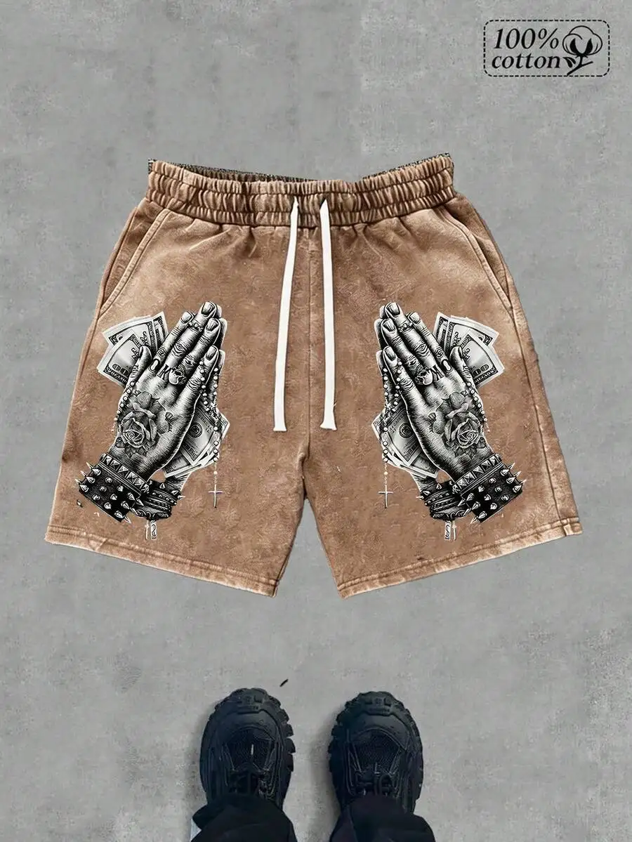 

Mens Washed Cotton Shorts With Prayer Hands Print Casual Streetwear