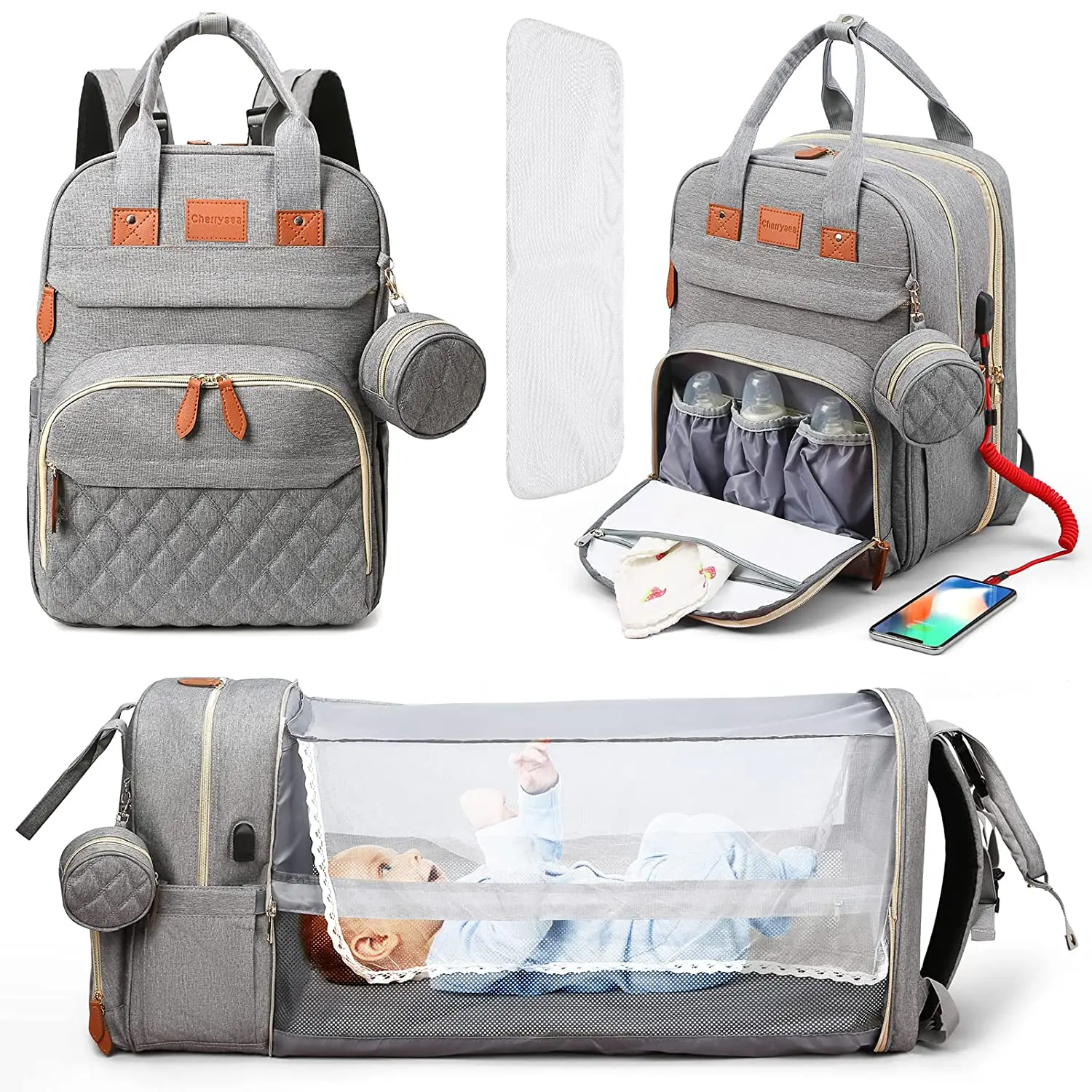 3-in-1 luiertas Rugzak Opvouwbaar babybedje Waterdichte reistas met USB-oplader Luiertas Rugzak met aankleedbed 3 soorten - afbeelding 2