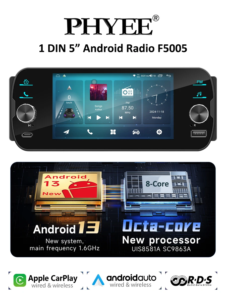 PHYEE 1 Din 5 inch Android autoradio F5005 met GPS-navigatie, draadloze carplay, Android-Auto, BT Wifi, 4G, FM RDS, touchscreen - afbeelding 2