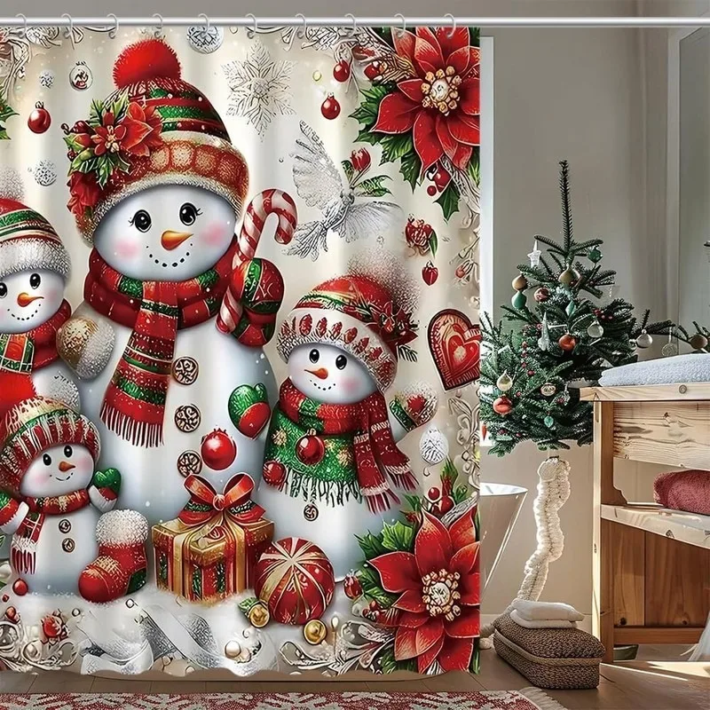 Christmas Snowman Poinsettia Candy Cane Shower Curtain Set No Drill 12 Hooks Holiday Bathroom Decor Gift Box