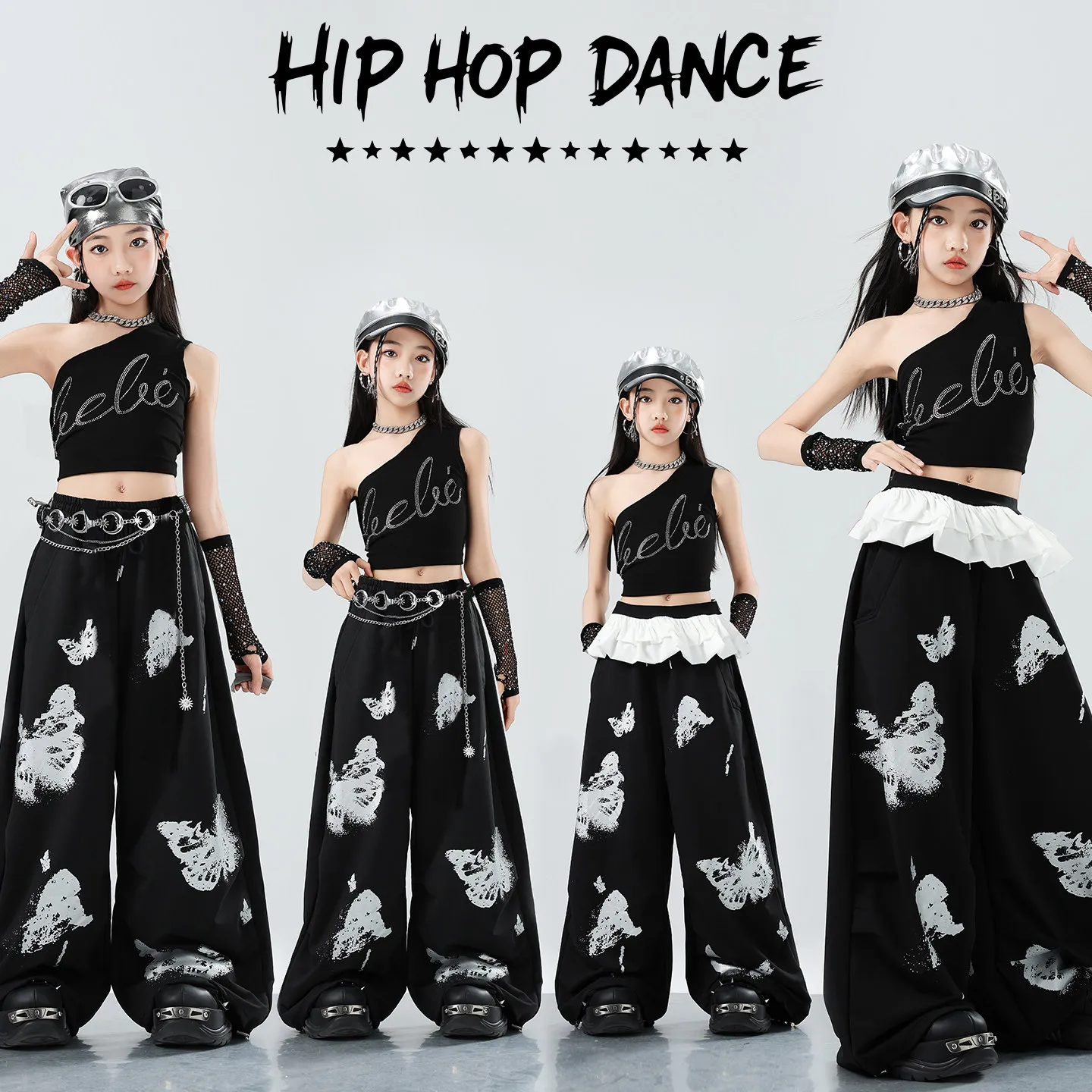 

2026 New Jazz Modern Dance Costumes For Girls Sloping Shoulders Tops Loose Pants Black Kpop Outfits Hip Hop Clothing XH4205