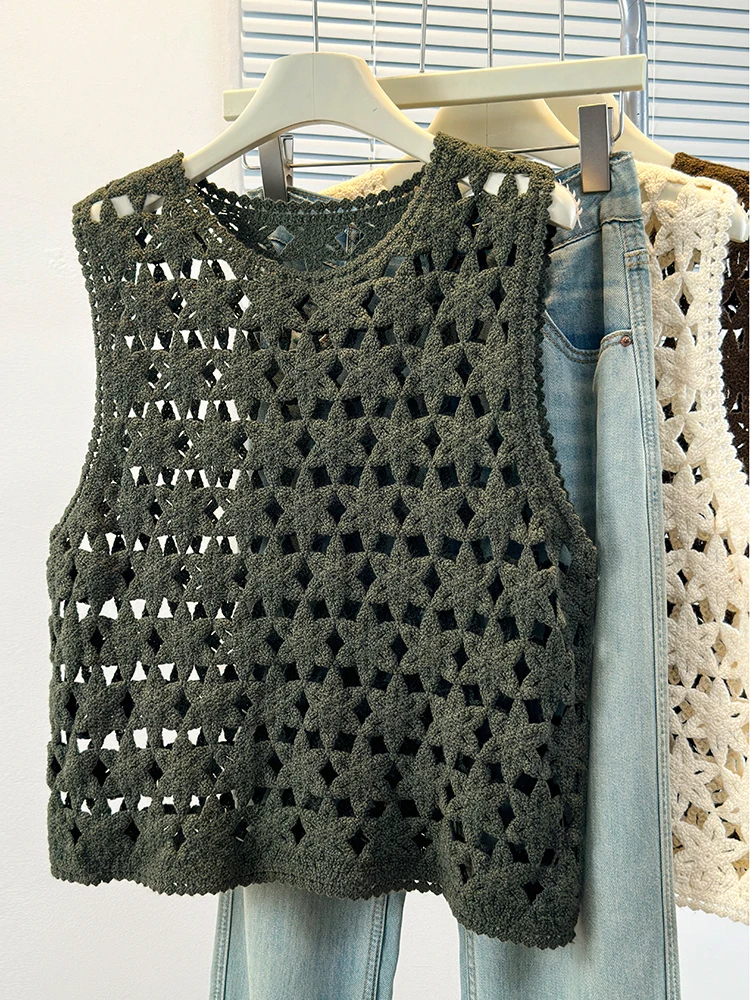 Authentic New Outerwear Knitted Mesh Vest Sleeveless Layering Tank Loose Shoulder Pad Polyester Fiber Short Length