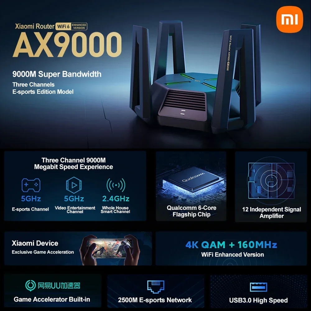 Xiaomi Router AX9000 2.4G/5G/5G-Game 3 Channels WiFi 6 Enhanced Version 4-Core CPU 1GB RAM 4K QAM 12 High-Gain Antennas Router