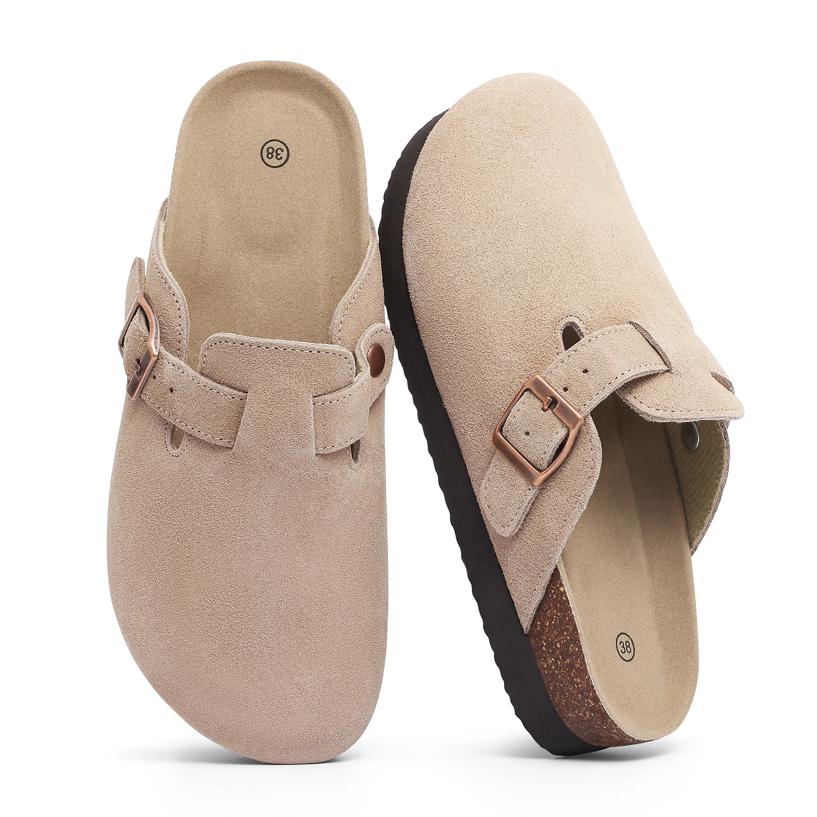 Smile Pop, nueva moda, zuecos de gamuza para mujer con correa trasera, mulas de cuero para hombre, plantilla de corcho, zapatos sin cordones para patatas para mujeres y hombres