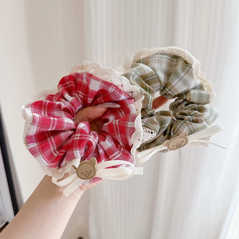 

New Bear Lace Edge Large Intestine Hair Band Versatile Plaid Bow Headrope Sweet College Style Rubber Band Hair Accessories
