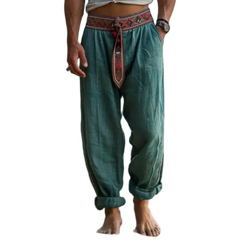 Leisure Breathable Loose Cotton Pants Men Spring Summer Casual Straight Trousers Retro Graphic Boho Belt Lace-up Patchwork Pants