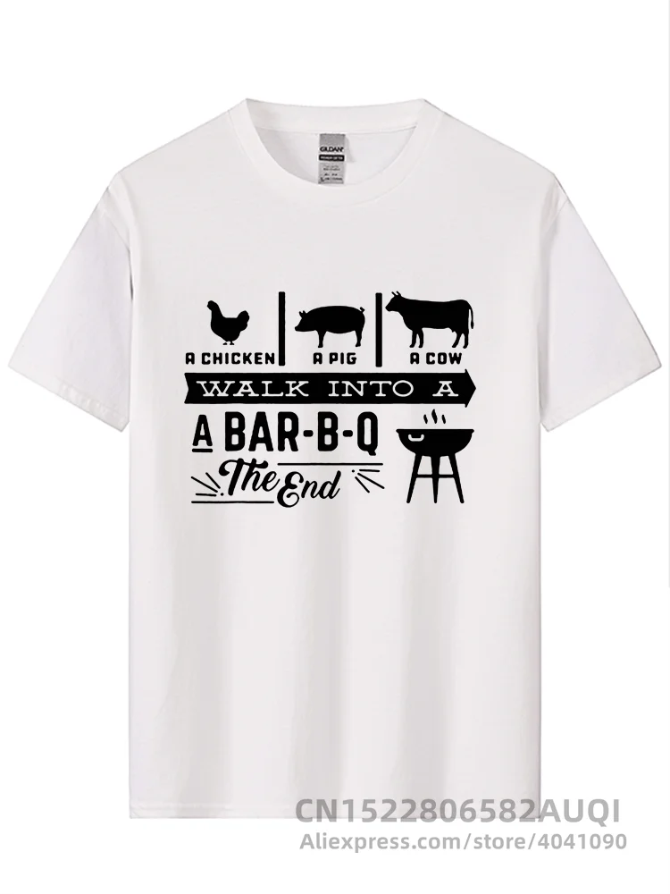 A Chicken Pig Cow Walk Into Barbecue BBQ Funny T Shirts Men Summer Cotton Harajuku Short Sleeve O Neck Streetwear Black T-shirt