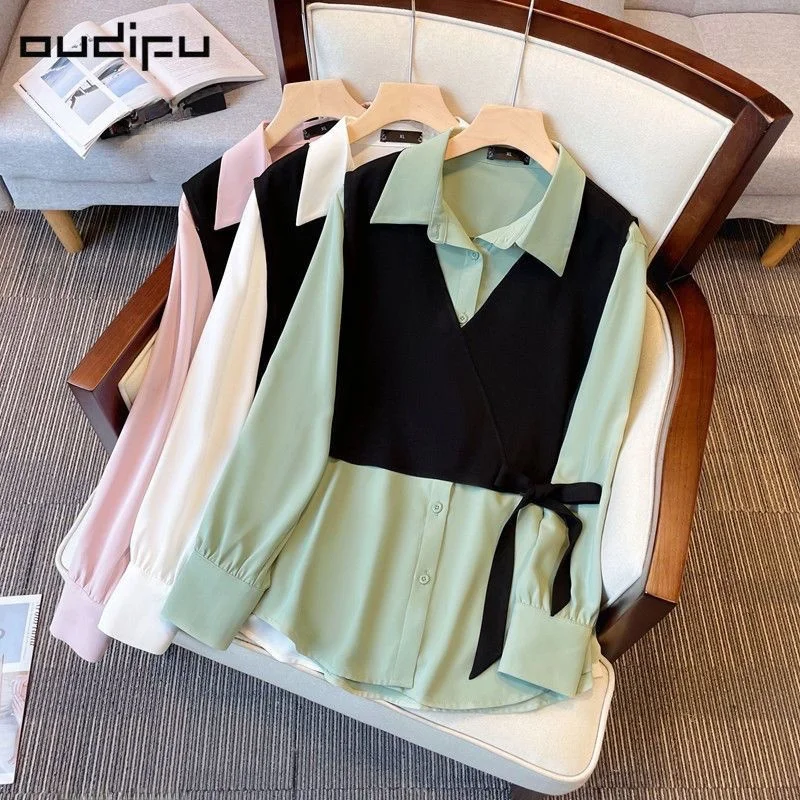 

plus Size Women's Spring Autumn New Sle irt Unique Design Patchwork Fake Two-Piece Trendy Collar Button up Casual irt