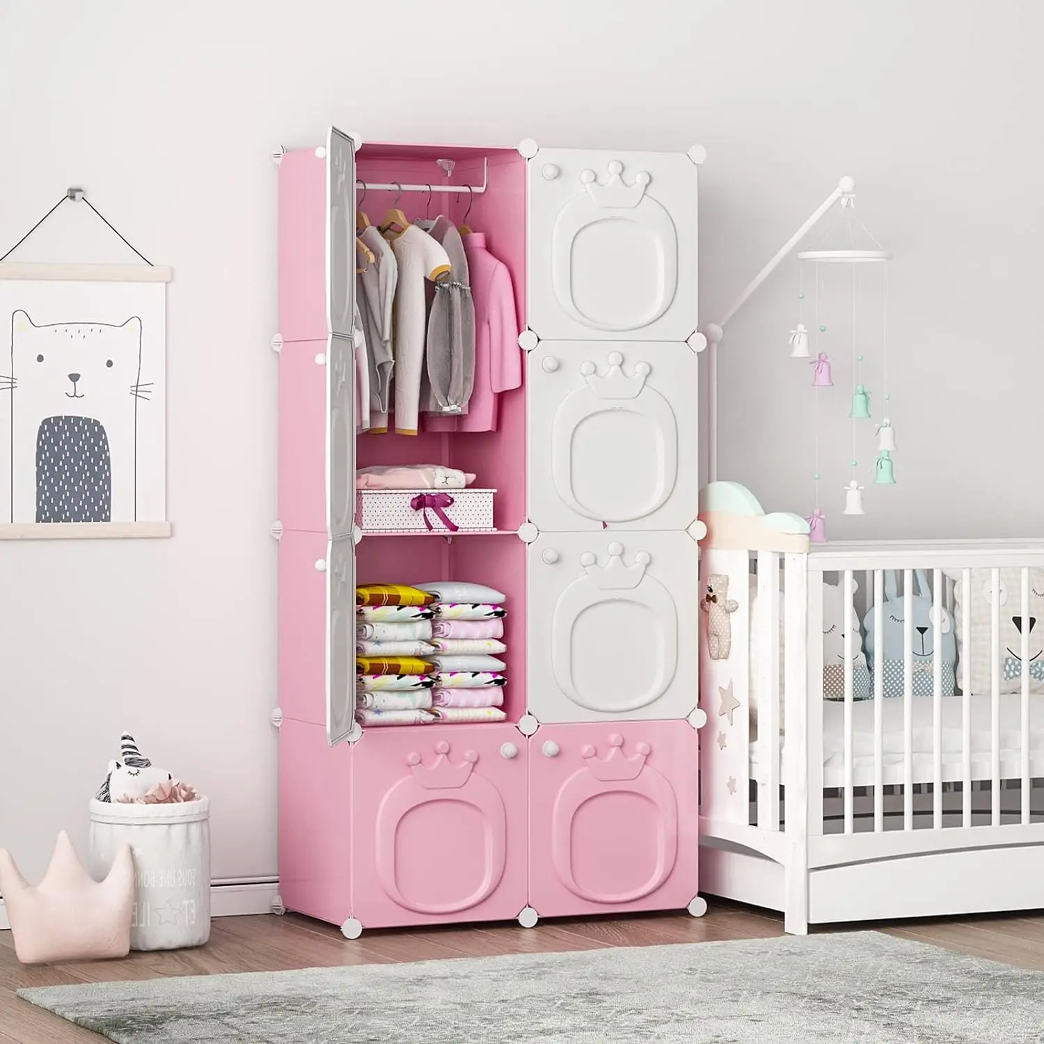 Imagem -02 - Maginéis-kids Cloconjunto Dresser Baby Wardrobe Quarto Berçário Roupas do Armário Pendurado com Portas Rosa Cubos