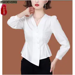 Hot Sales Women 2023 Summer Elegant Office Lady Black White Shirts Casual Button Work Peplum Tops Blouses