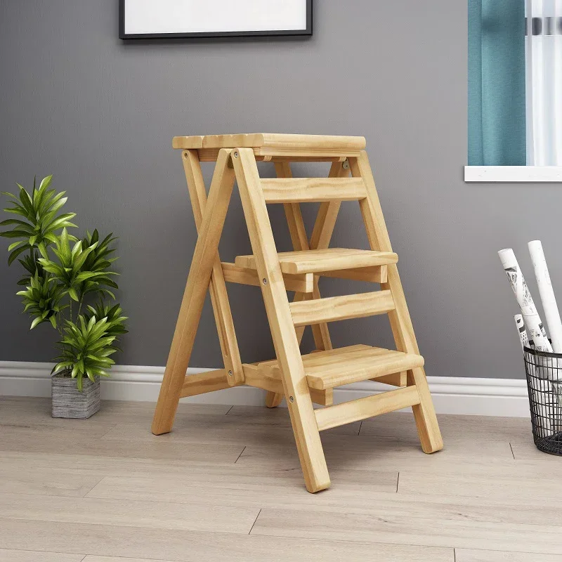 Wood Household Multifunctional Two-step Folding Ladder Step Stool Indoor Climbing Ladder Dual-use Small