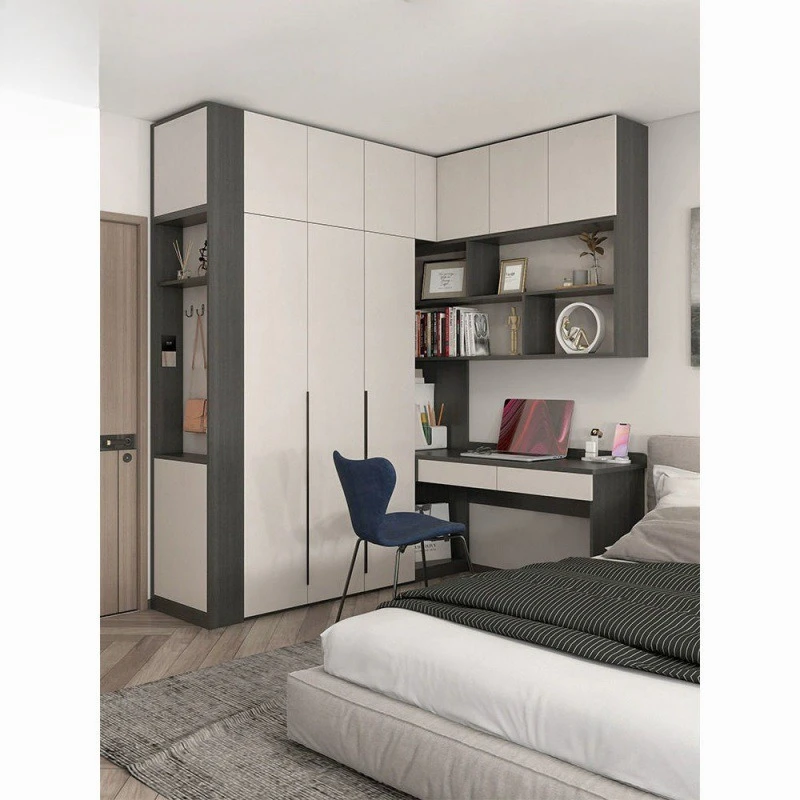 Solid wood minimalist corner wardrobe bookcase combined computer desk bookshelf integrated