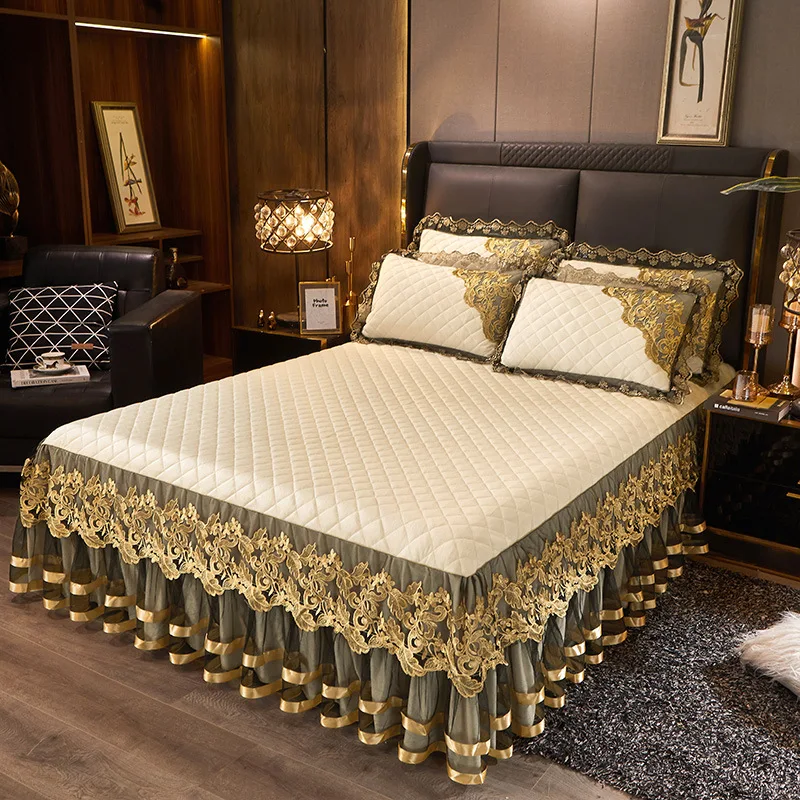 Bed Skirt Lace Crystal Velvet Quilted Thick Bedspread Non-slip Mattress Cover Double Size Mattress Protector Single Fashion Home