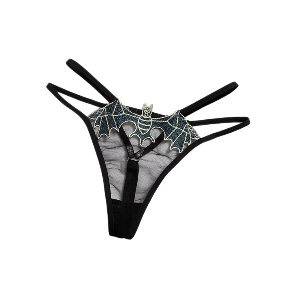 Bat Print Embroidery Transparent Thongs Low Waist Traceless Bikini Briefs Thin Strip Underpants T-back Panties Daily Wear