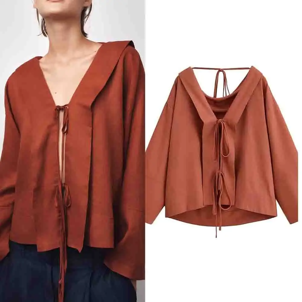 

Women's New Fashion Double sided wearing design loose linen blend shirt retro long sleeved lace up women's shirt chic top