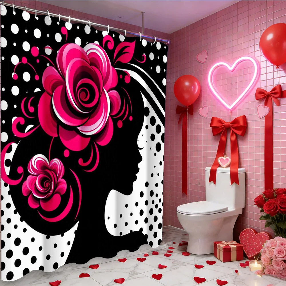 

Valentine's Day Love Heart Rose shower curtain, bathroom shower waterproof curtain with 12 hooks, fish shaped home decoration
