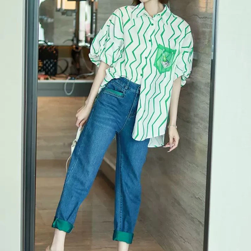 

Summer Woman Clothes Loose Youth Lively Fashion Thin Green Drawstring Striped Office Lady Simplicity Lantern Sleeve Shirt Trend