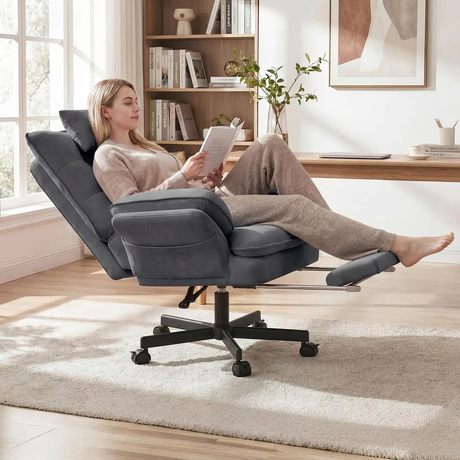 Criss Cross Office Chair with Flip-Up Armrests and Headrest, 135° Reclining Swivel Velvet Criss Cross Chair with Wheels & Foot