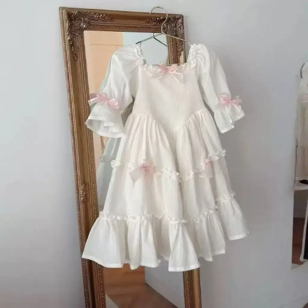 Girls Lolita Cotton Linen Dress 2026 Summer Solid Color Mid Sleeve Bow Princess Dress Vintage Palace Style Kids Party Dresses