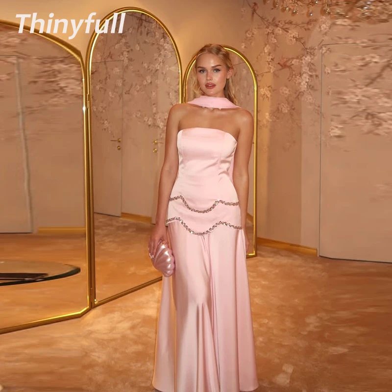 

Thinyfull Mermaid Satin Prom Dresses Sleeveless Strapless Crystal Evening Dress Long Formal Gown Robe De Soirée Customized ﻿
