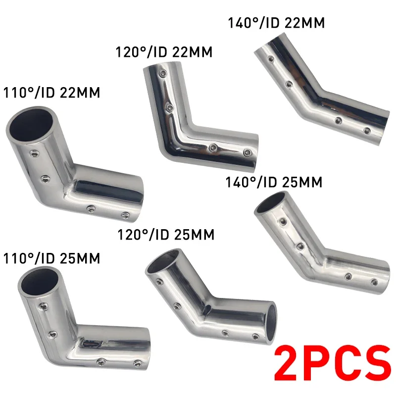 2pcs 22/25mm Marine Pipe Connector 2-Way Boat Hand Rail Fitting Yacht Pipe 110/120/140 Degree Elbow Heavy Dudy Stainless Steel