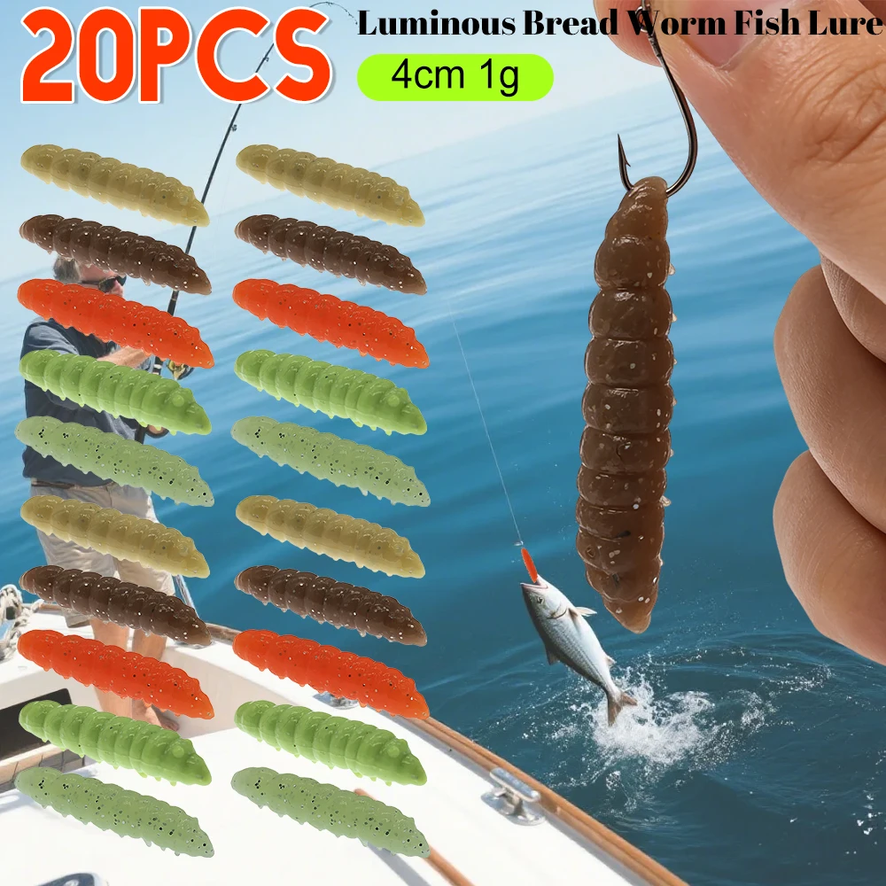 20 Stück Maden-Angelköder 4CM Weichköder-Set Leuchtende Angelköder für Salzwasser Süßwasser Bass Crappie Zander