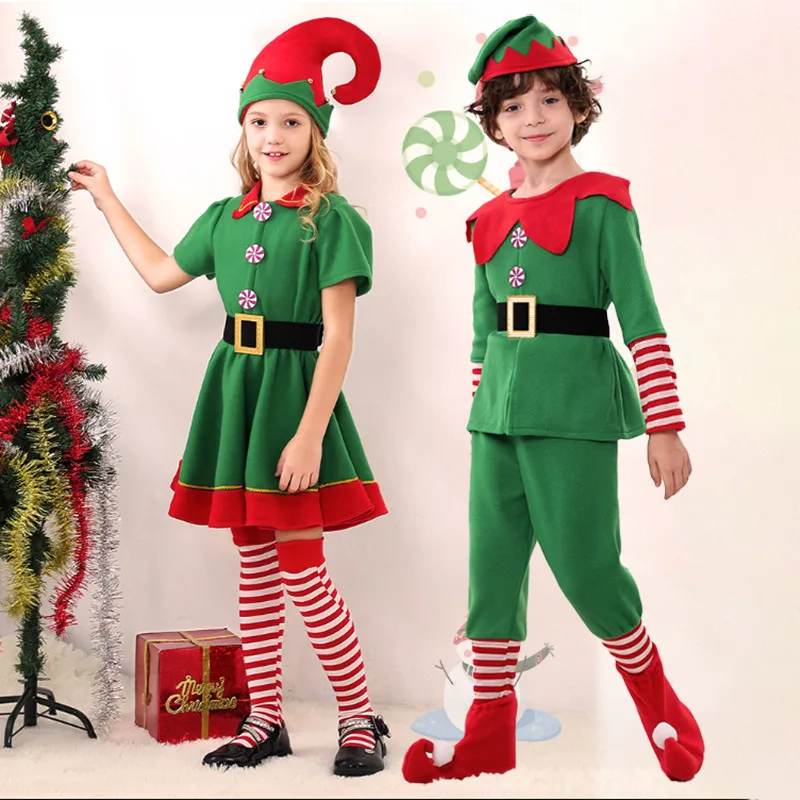 Santa Claus Costume Elf Christmas Outfit for Family New Year Clothes Men Women Xmas Santas Elves Cosplay Green Red Fancy Dress