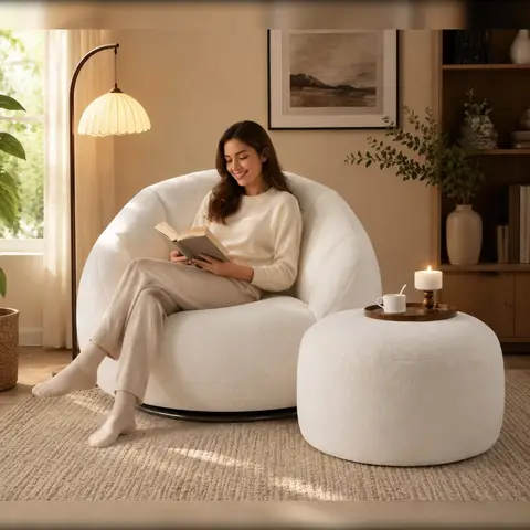 Swivel Giant Bean Bag Chair with Ottoman, Plush Round Soft Accent Chaise Lounge for Living Room, Bedroom & Game Rooms, Beige