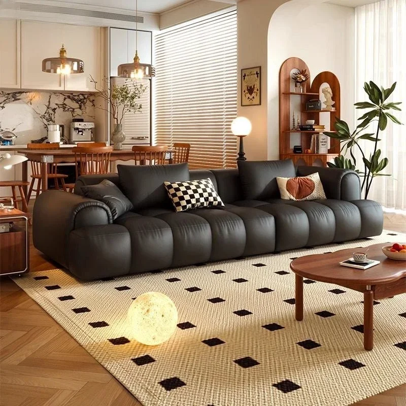 Guimauve bouffante, canapé en cuir, salon à rangée droite, nouveau style chinois, petit appartement nuage, canapé crème