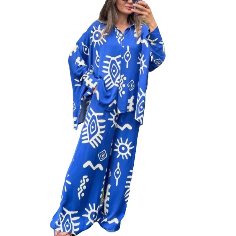 

Fashion Printed Loose Top Lace-up High-waisted Wide-leg Pants Two-piece Set Comfortable and Casual Cross-border Women's Clothing